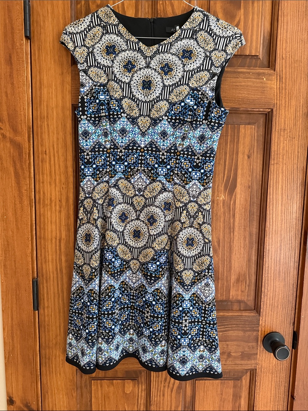 Cap Sleeve Patterned Fit & Flare Dress - Navy, Black & Gold